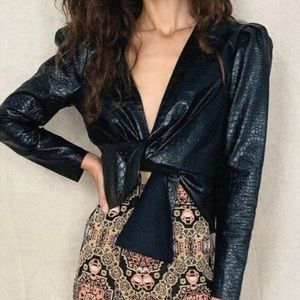 Saylor x Free People Kelpie S & M Black Croc Embossed Faux Leather Jacket Top